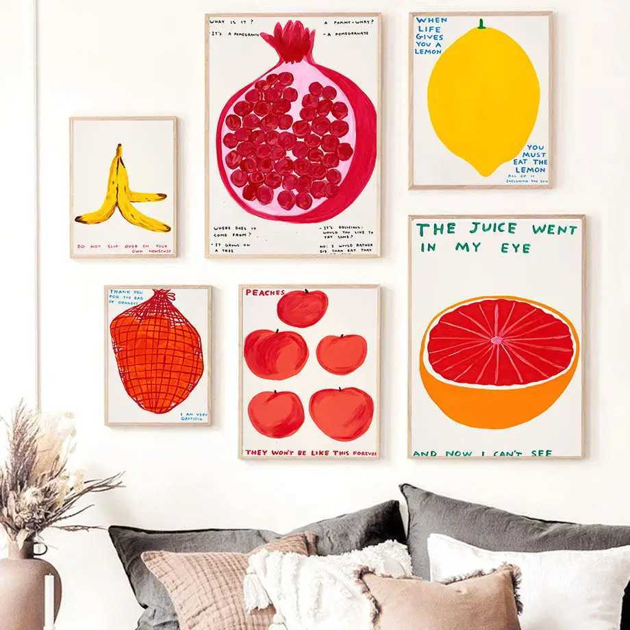 배경 화면 David Shrigley Lemon Apple Banana Orange Juice 추상 포스터 북유럽 벽 예술 인쇄 캔버스 부엌 장식 사진 J240505