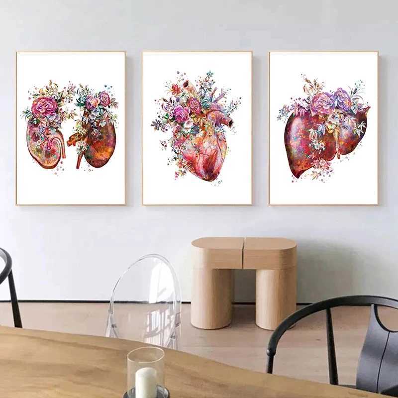 Anatomie Kunst Medizinische Leinwand Malerei Blumen Bio -Herz und Lungenplakate Druckerziehungskrankenhaus Bilder Home Dekoration J240505