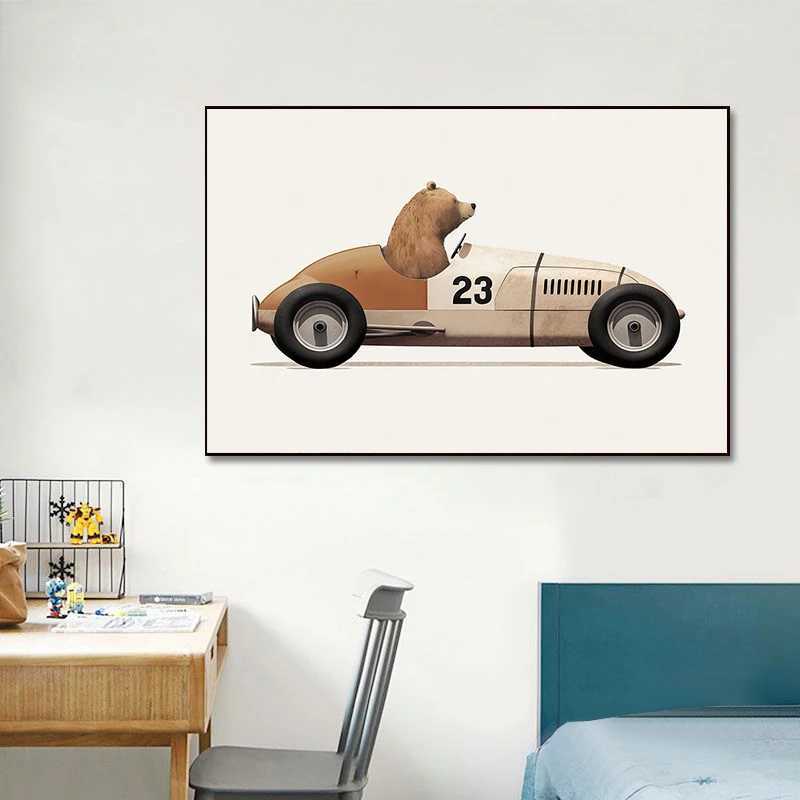 Esting Cartoon Animal Car Art Achorgarten Poster Poster Poster Giraffe Bear Rabbit Childrens Room Decoration Home Decoration J240510