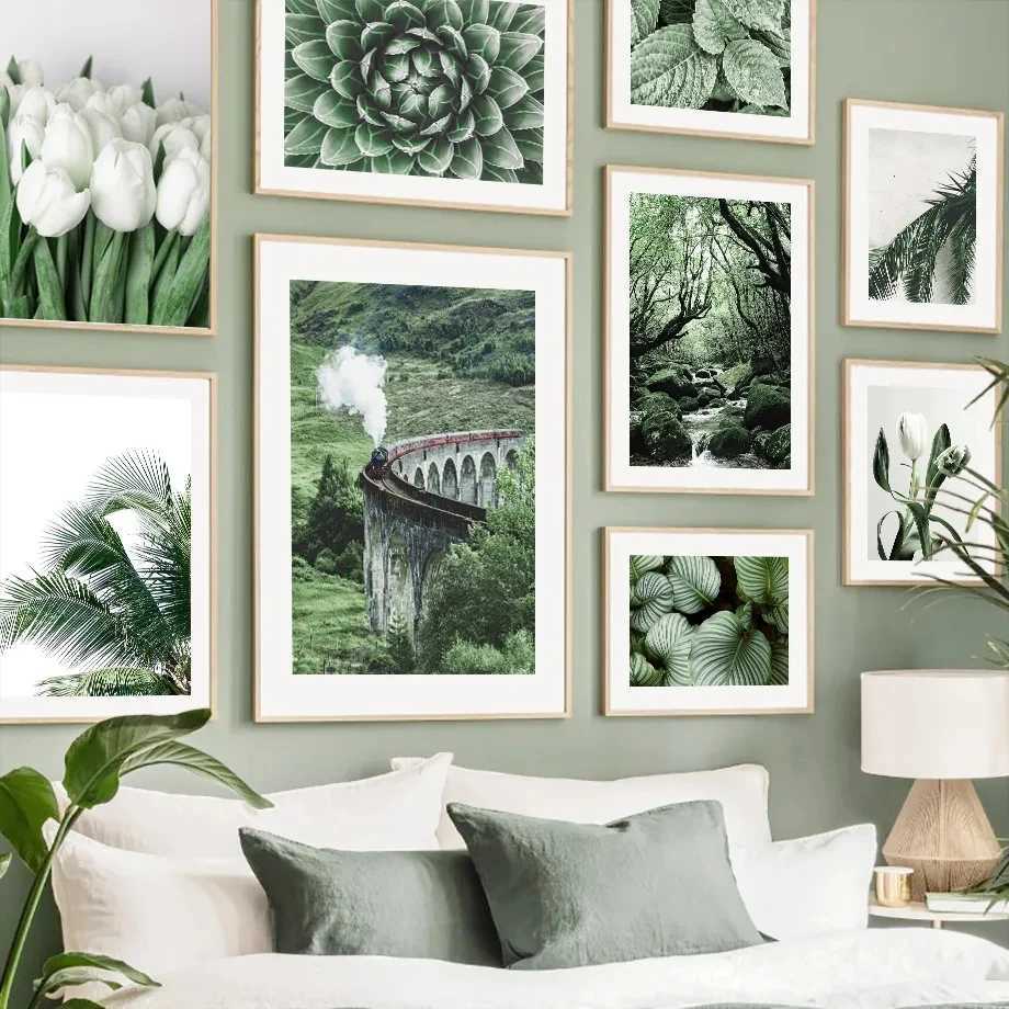 MMER Landscape peinture toile art mural feuilles vertes et fleurs blanches Affiches paysage et impression décoration de maison moderne J240505