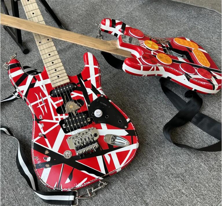 En stock Eddie van Halen Fran-K Guitare électrique de relique lourde / corps rouge / décoré de rayures en noir et blanc / livraison gratuite