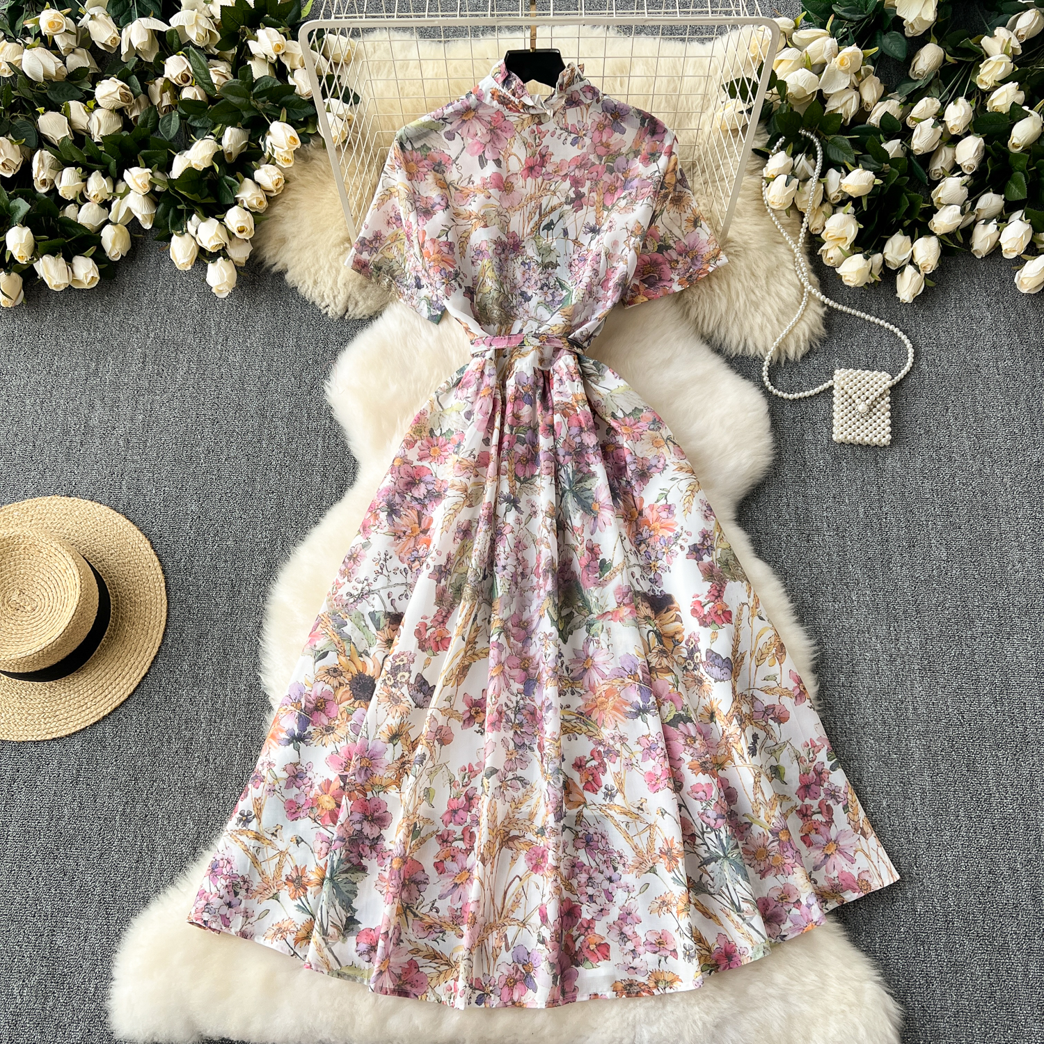 Casual Dresses Runway 2024 Fashion Summer Dresses For Women Short Sleeve Print Vintage Dress Casual Aline Holiday Vestidos With Belt