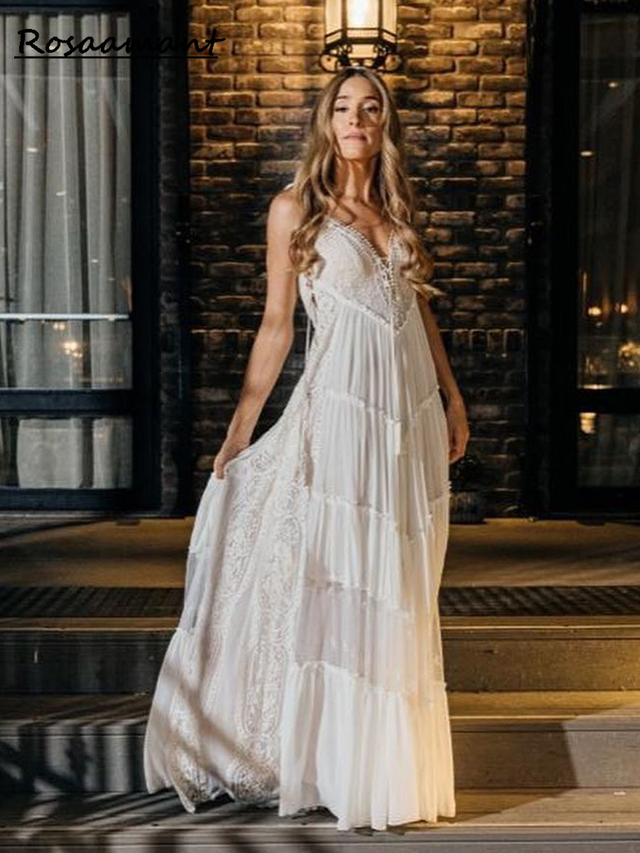 Boho długie A-line szyfonowe suknie ślubne plażowe suknie ślubne Strapy spaghetti Applique zamek błyskawiczny