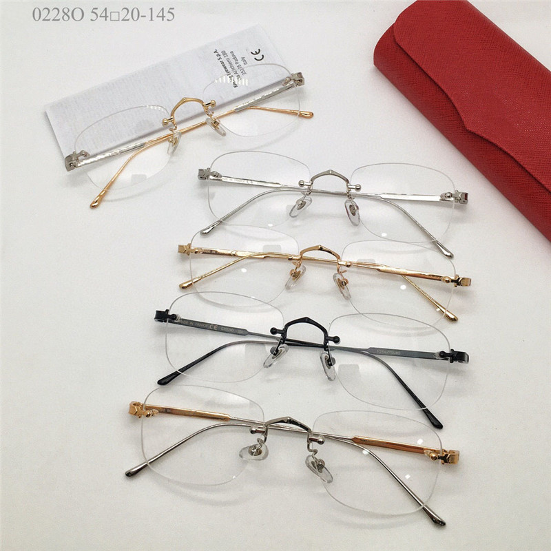 Novo design de moda quadrada vidro óptico lentes sem aro de moldura de metal homem e mulher estilo de negócios leve e fácil de usar o modelo de óculos 0228o