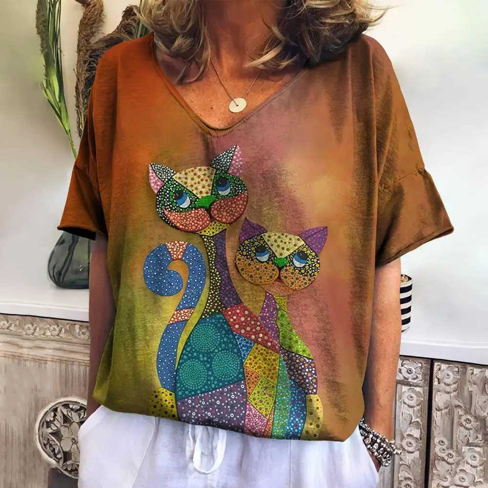 T-shirt pour femmes T-shirt 3d mignon chat imprime en V V top été nouveau kawaii animal court coucher mode lâche taille femme topl2405