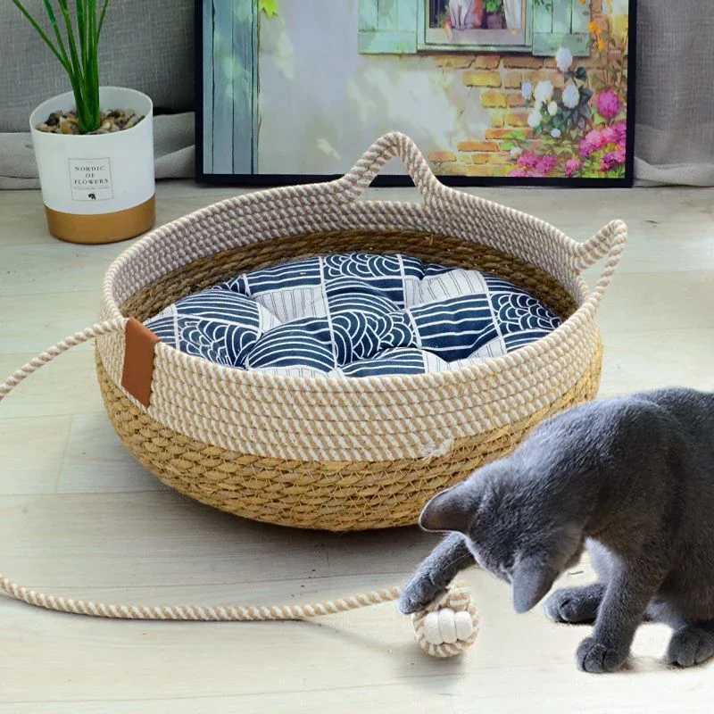 Kattbäddar möbler sommar katt säng vävd avtagbar klädsel sovande hus katt skrapgolv rotting slitstoppande tvättbara katt husdjur leveranser 35