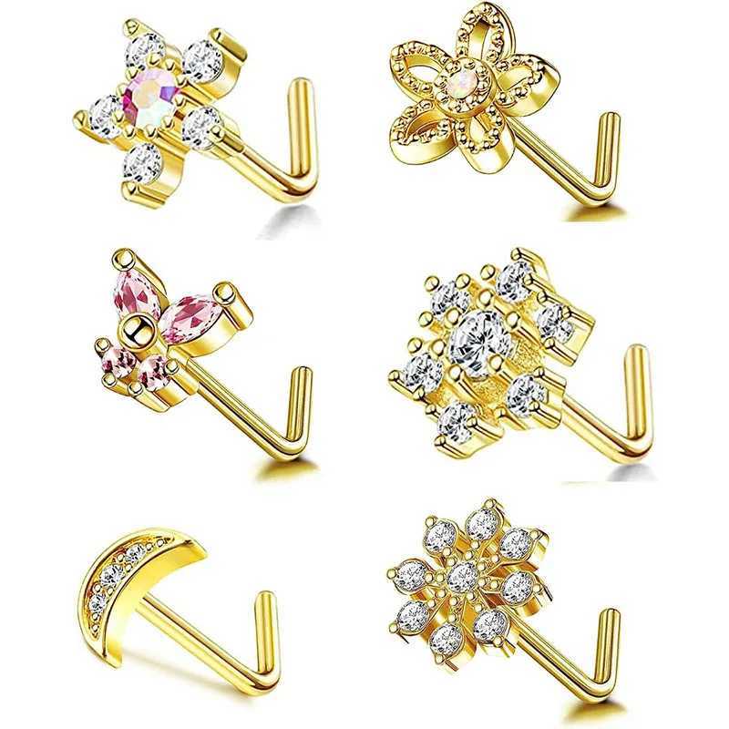 Body Arts 20G Nose Rings Studs L-Shape Nose Nostrial Nose Piercing Body Jewerly L Shaped Nose Studs CZ Nose Screw Studs Rings d240503