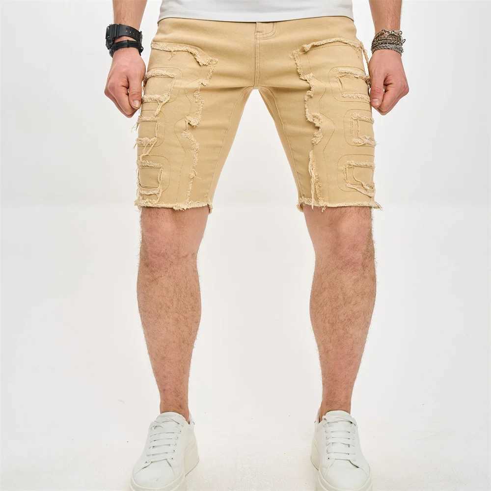Męskie dżinsy Summer Nowy otwarty front patchwork męskie męskie szorty dżinsowe styl uliczny proste dżinsy męskie pięć punktów spantsl2405