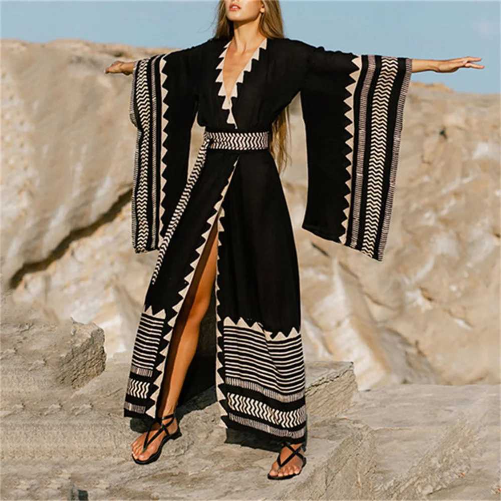 Femmes de plage usin 2022 Summer Bikini Cover-up Bohemian imprimé long kimono cardigan mousseline de mousseline de mousseline de set