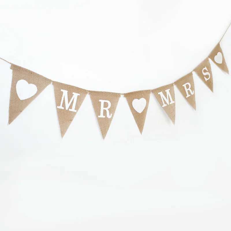 Banner vlaggen Mr Mrs Love Heart Vintage Wedding Banner Jute Bunting Photo Props Marry Rustic Garland Flag Party Wedding Decoratie 5BB5801