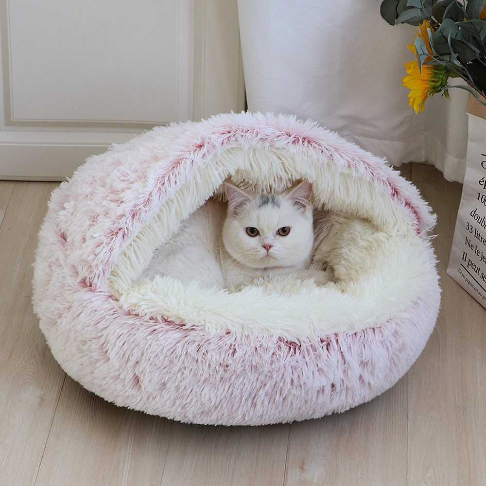 Cat Beds Furniture New Warm Dog Cat Bed Round Long Plush Cats House Cave Pet Kitten Cushion Basket Sleepping Mat for Cats Small Dog Chihuahua Nest