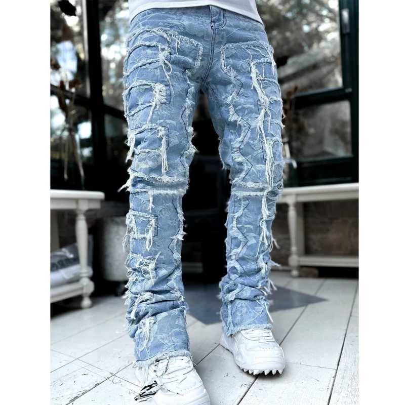 Jeans masculins E15E Jeans empilés pour hommes adaptés à des jeans déchirants détruisant un pantalon de jean droit