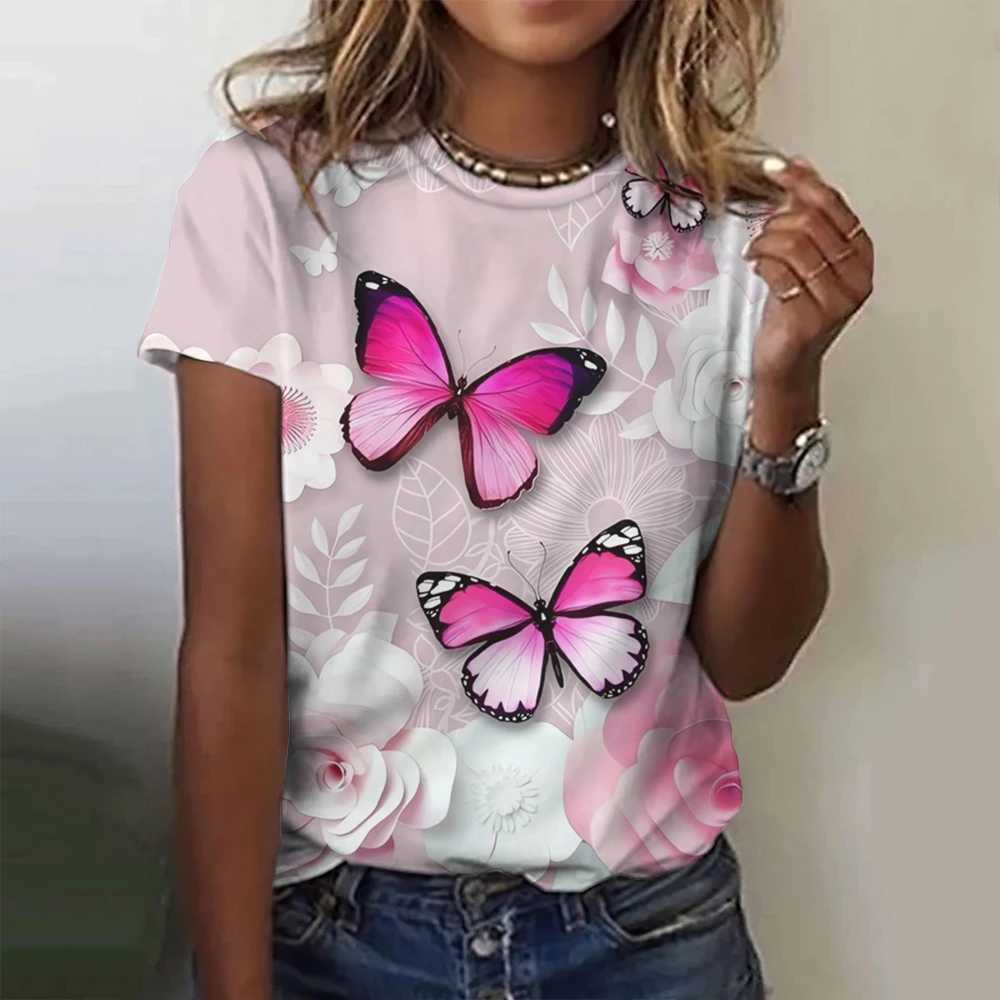 Women's T-Shirt 2024 Fashion Womens T-shirt 3D Butterfly Print Staff Neckline Short Sleeve T-shirt Luxury Womens T-shirt Large Y2k Girls ClothingL2405