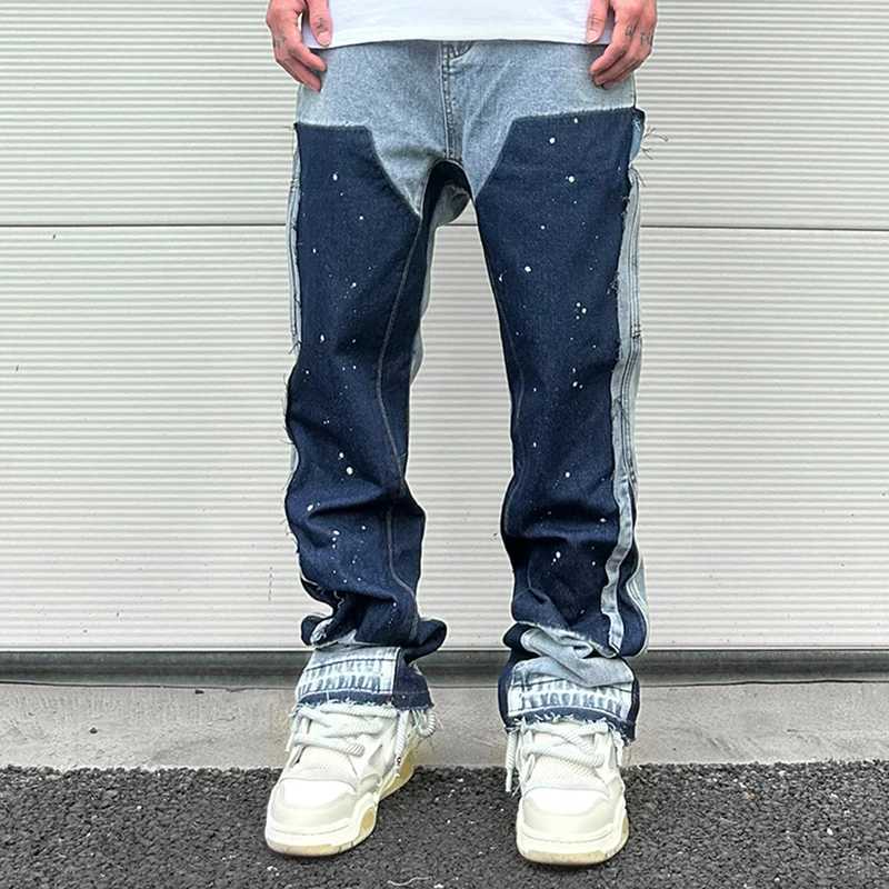 Jeans pour hommes de la rue des vêtements de rue couleur correspondant à un sac pour hommes y2k jeans patch work colère edge micro denim machine à écrire ultra-fin