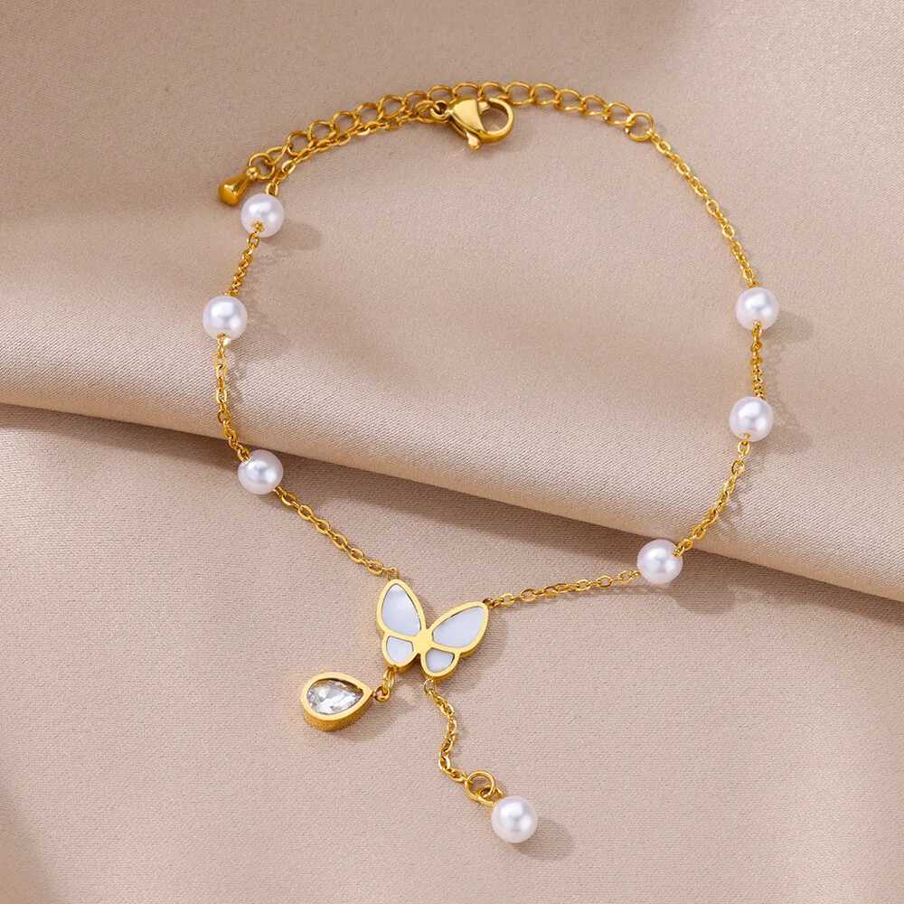 Caviglieri 316L Anklet in acciaio inossidabile donne imitazione perle oro color gamba gamba le gambe la spiaggia accessori la spiaggia spedizione gratuita