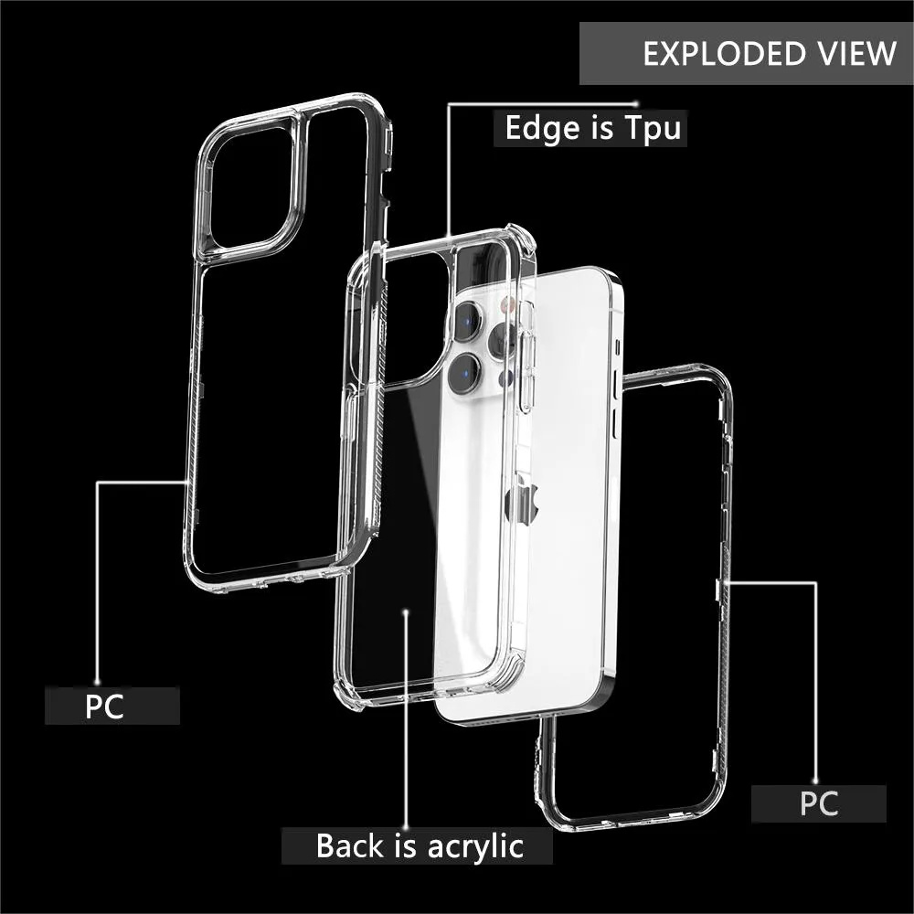 3IN1 Combo Phone Cases For iPhone 15 Plus Pro Max 14 13 Pro 12 11 XS Max XR 7 8 SE2 Clear Transparent Acrylic TPU PC Shockproof Mobile Cover Back Shell