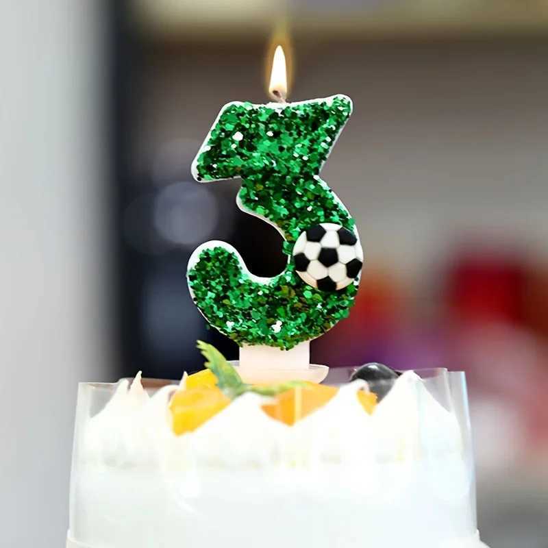 Bougies Green Football Birthdle Candle Gâteau Sparkling Digital Candle Cake Decoration avec Sequins Anniversary Celebration Supplies