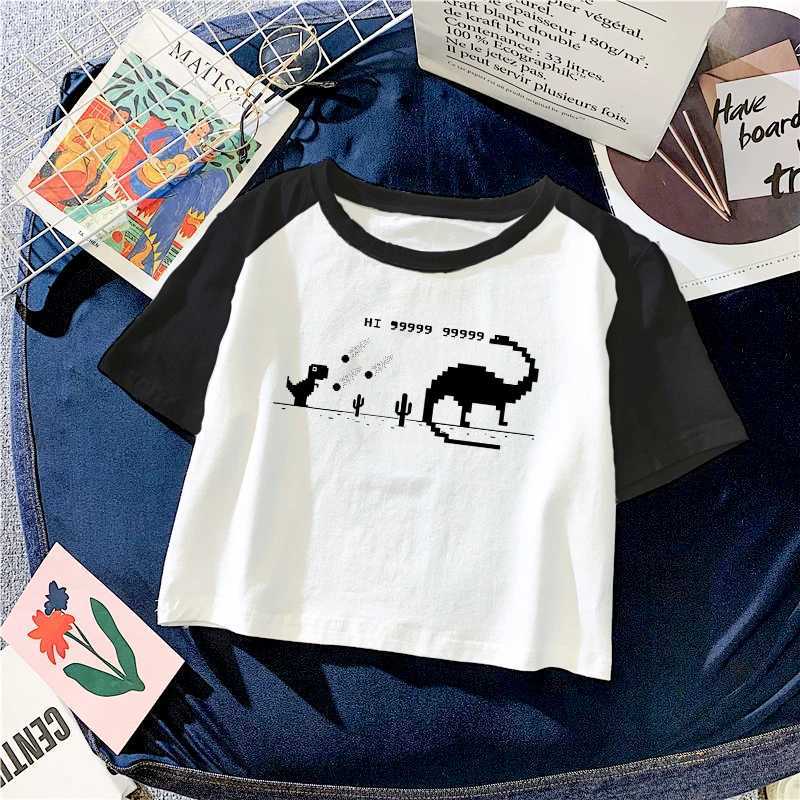 Dames T-shirt Nieuwe mode Harajuku Sexy korte mouwen T-shirt dames slanke pasvorm snijden toplichaam t-shirt kawaii cartoon dinosaurus grafische t-shirtl2405