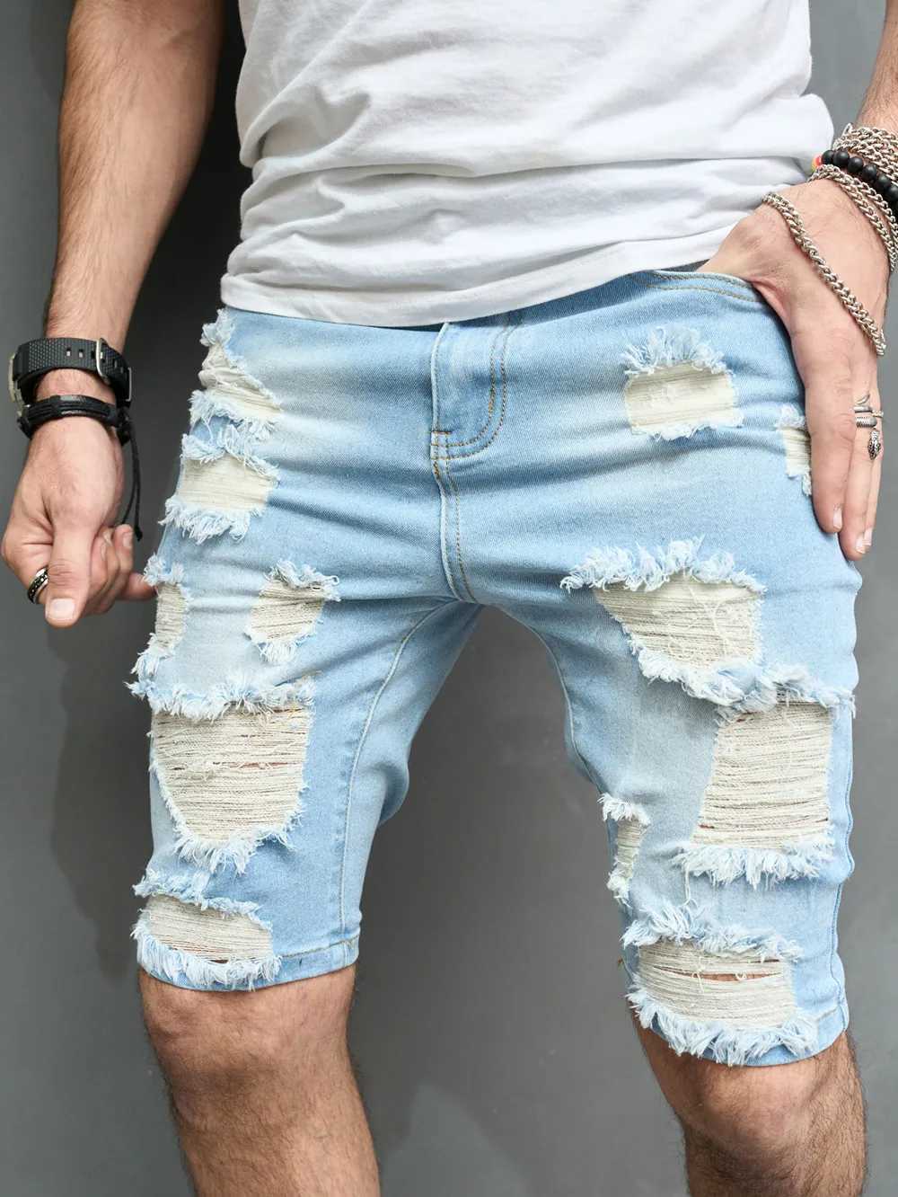 Jeans masculin Summer Mens Fashion Hole Slim Fit Shorts en denim Pure Coton Casual Mens Beach Five Point Pants jeans Shortsl2405