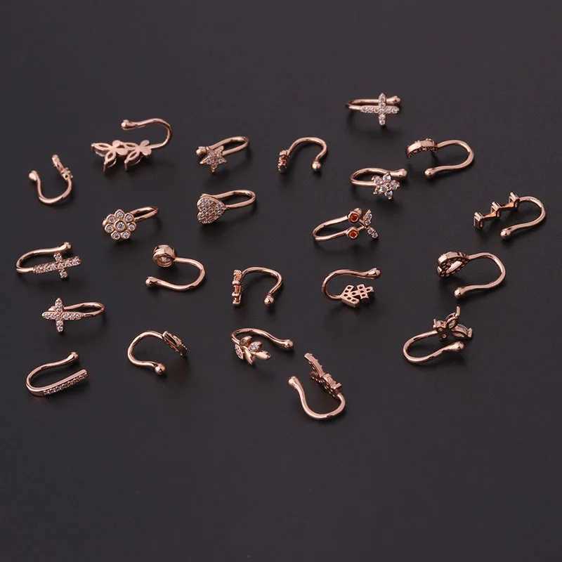 Body Arts Novos Fake Piercing Clip Nariz Ring Jewelry Body for Women Trend Ear punhos do coração Flores de estrela de Butterfly Clip Rings KAE197 D240503