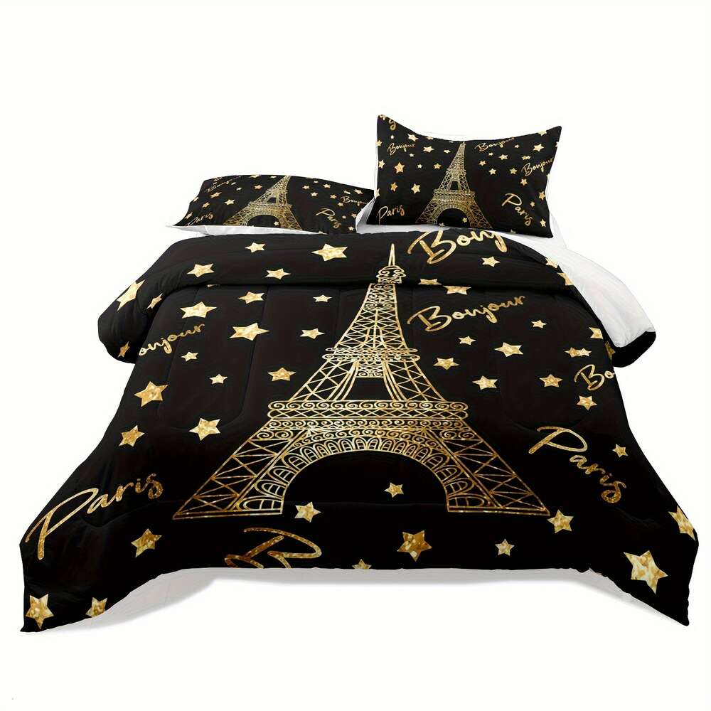 Copertura del piumone matrimoniale, Torre Eiffel Parigi da letto, set oro nero, set di camere da letto Queen, decorazione di Parigi set di trapunte letti camera da letto escluso il copripiumino e il cuscino