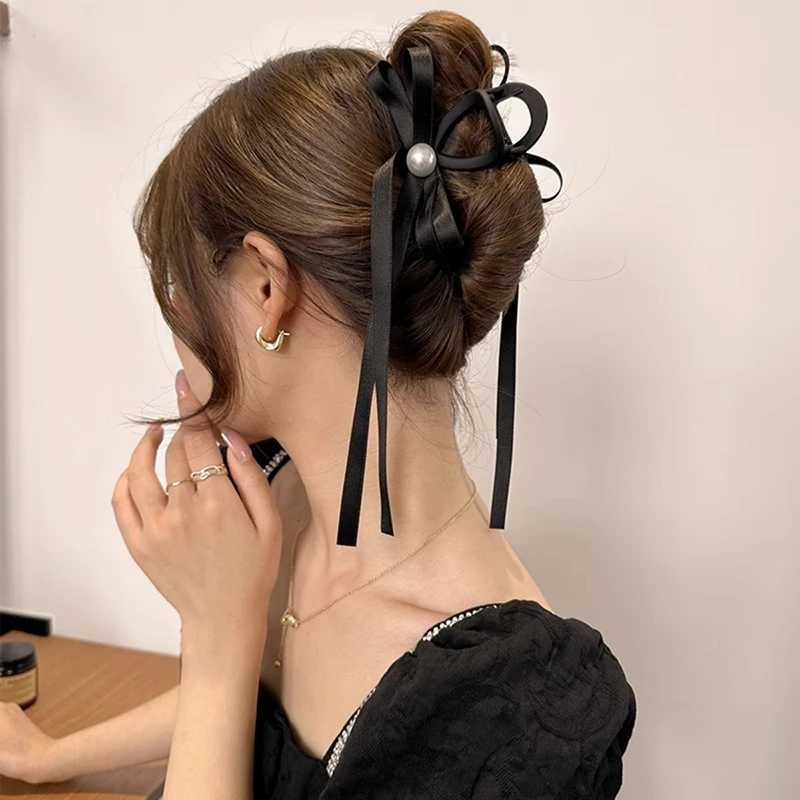 Autre femme Tempérament Tempérament Black Bowknot Ribbon Clip Clip pour filles Popular Ponytail Hair Cl Pearls Hairpin Hair Accessoires