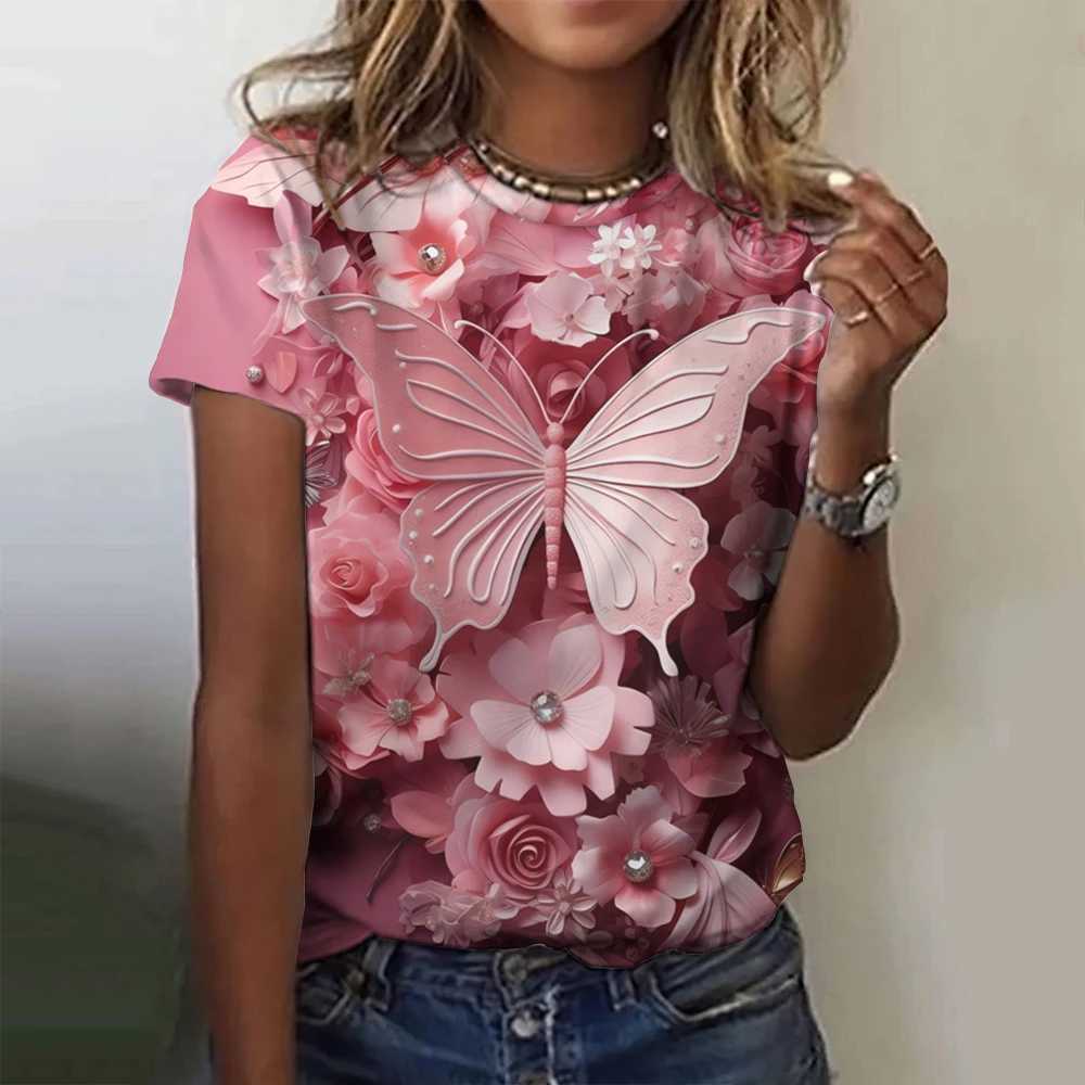 Women's T-Shirt 2024 Fashion Womens T-shirt 3D Butterfly Print Staff Neckline Short Sleeve T-shirt Luxury Womens T-shirt Large Y2k Girls ClothingL2405