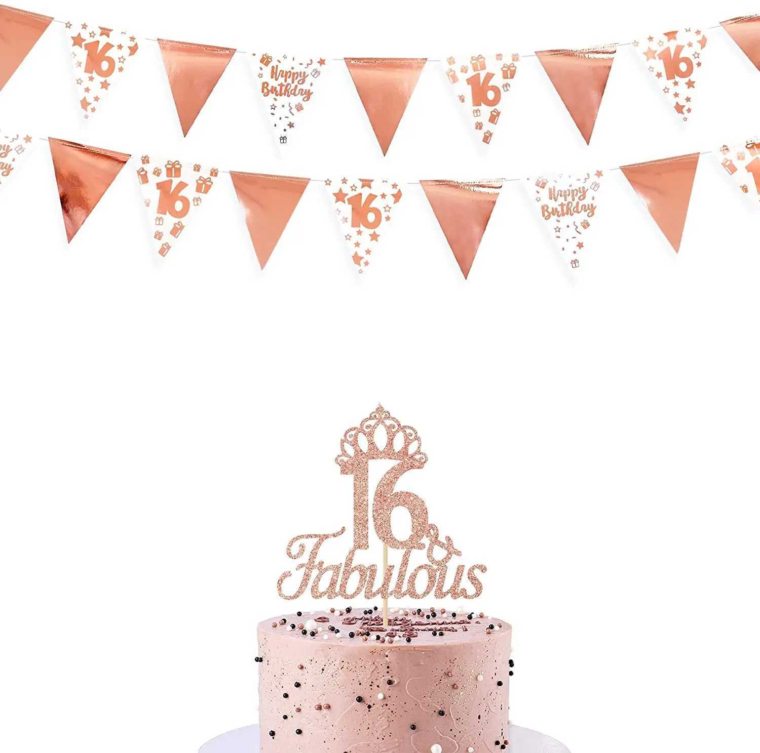 Banner Flags Rose Gold 16th Happy Birthday Banner Bunting Triangle Flag Pennant Garland for 16th Birthday Hanging Decorations Sweet 16 Decor