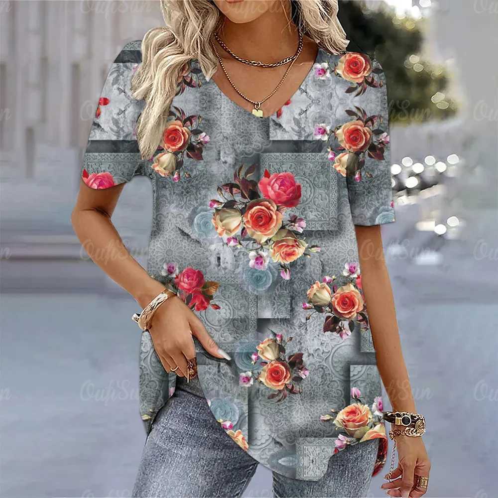 T-shirt femminile Y2K Womens Floral Stampa floreale a V-Neck Top Sum