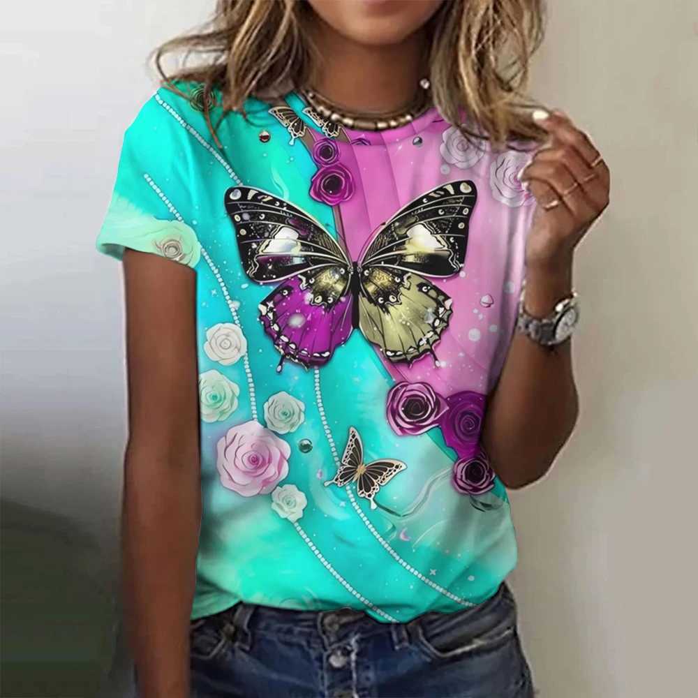 Women's T-Shirt 2024 Fashion Womens T-shirt 3D Butterfly Print Staff Neckline Short Sleeve T-shirt Luxury Womens T-shirt Large Y2k Girls ClothingL2405