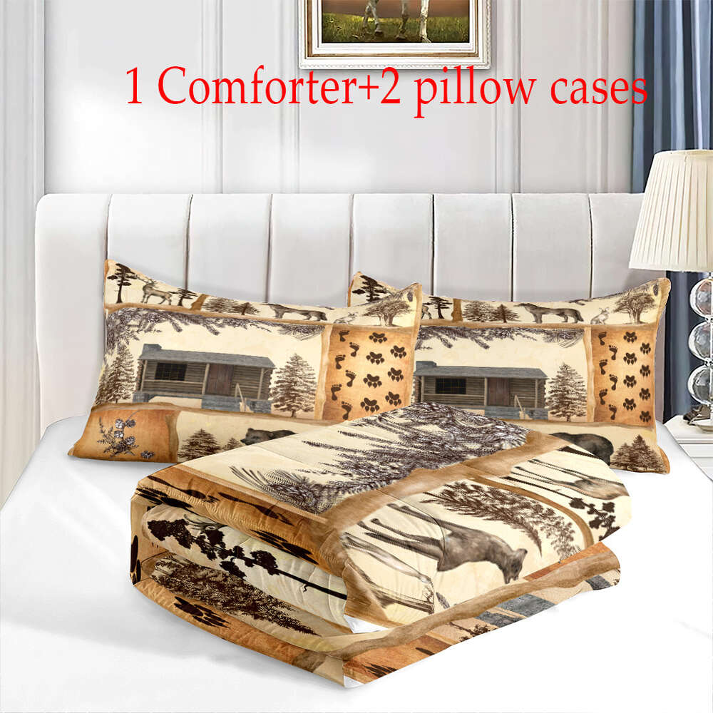 羽毛布団カバー木製の家のムースベアプリント、柔らかい快適な肌にやさしい寝具セット、寝室の客室の寮、すべての季節の家