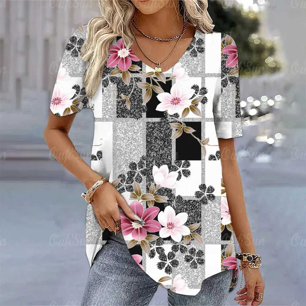 T-shirt femminile Y2K Womens Floral Stampa floreale a V-Neck Top Sum