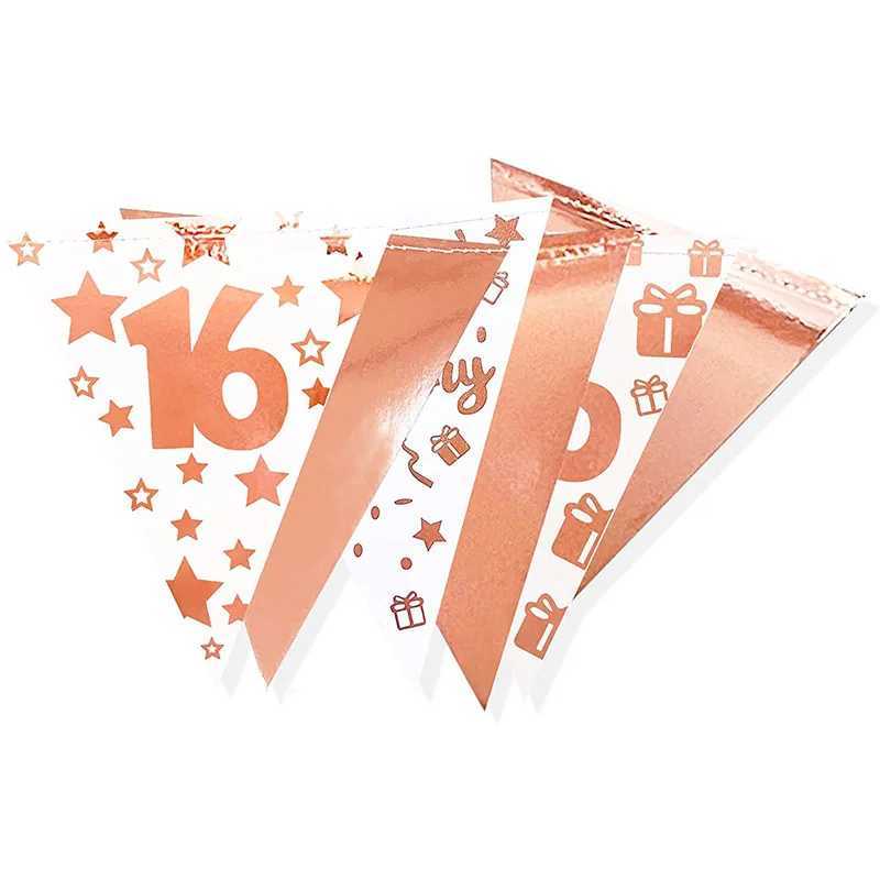Bandeira bandeira papel alumínio ouro rosa doce 16 feliz 16º aniversário banner papel bunnting triangle sinaliza guirlandas penduradas garotas de 16º aniversário decorações
