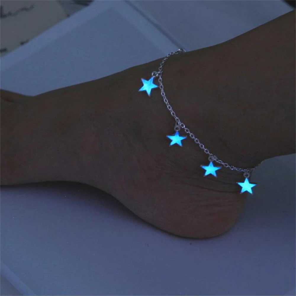 Anklets vintage lysande strand anklet för kvinnor glöd i den mörka hjärtfot kedjan sommarstrand stjärna fot prydnad smycken