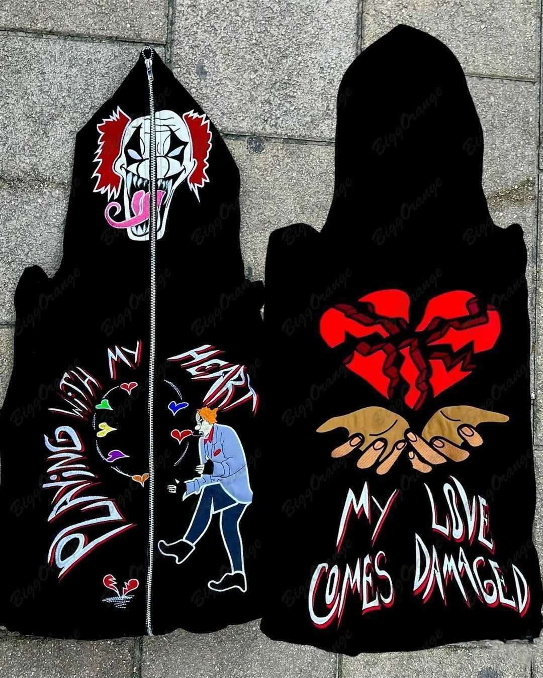 Herrhuvtröjor Sweatshirts American Autumn/Winter Joker Heartbreak Pattern Black Hooded Coat Y2k Womens LAX High Street Gothic dragkedja Cadiga Hoodie Q240506