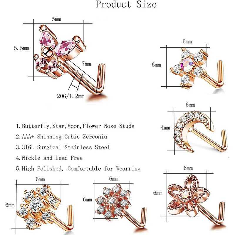 Body Arts 20G Nose Rings Studs L-Shape Nose Nostrial Nose Piercing Body Jewerly L Shaped Nose Studs CZ Nose Screw Studs Rings d240503