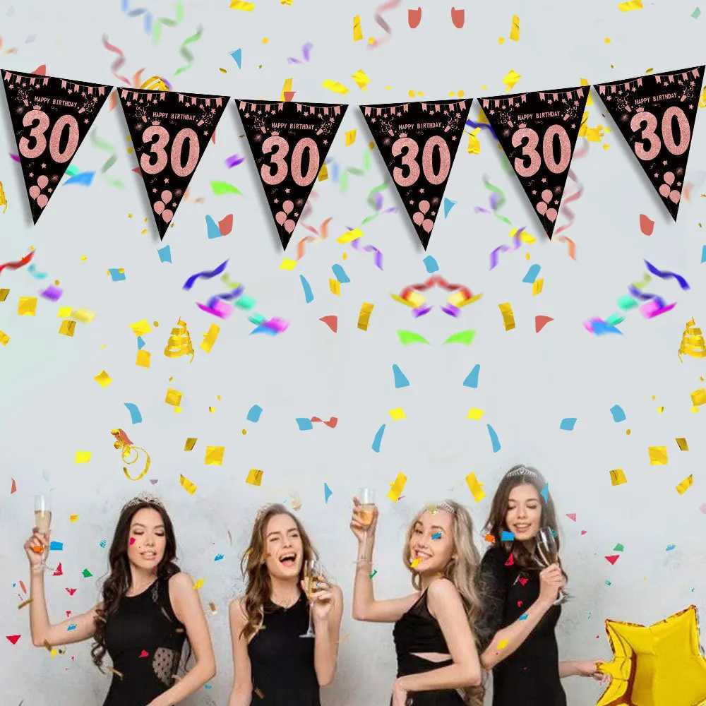 Banner Flags Rose Gold 18 30 40 50 60 Year Happy Birthday Banner Streamer Party Backdrops Decoration Adult Birthday Anniversaire 30th Flags