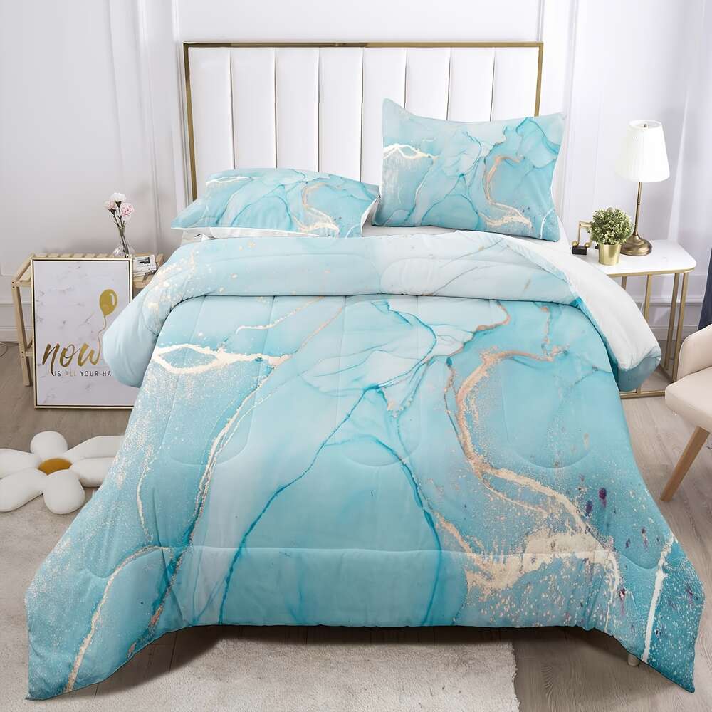 Däcke Cover Marble Full, Blue Set Quilt, Light Gold Set, Marble Set Full, Bedroom Comporter Blue Bedding Full Size Inklusive täcke och kuddkärna