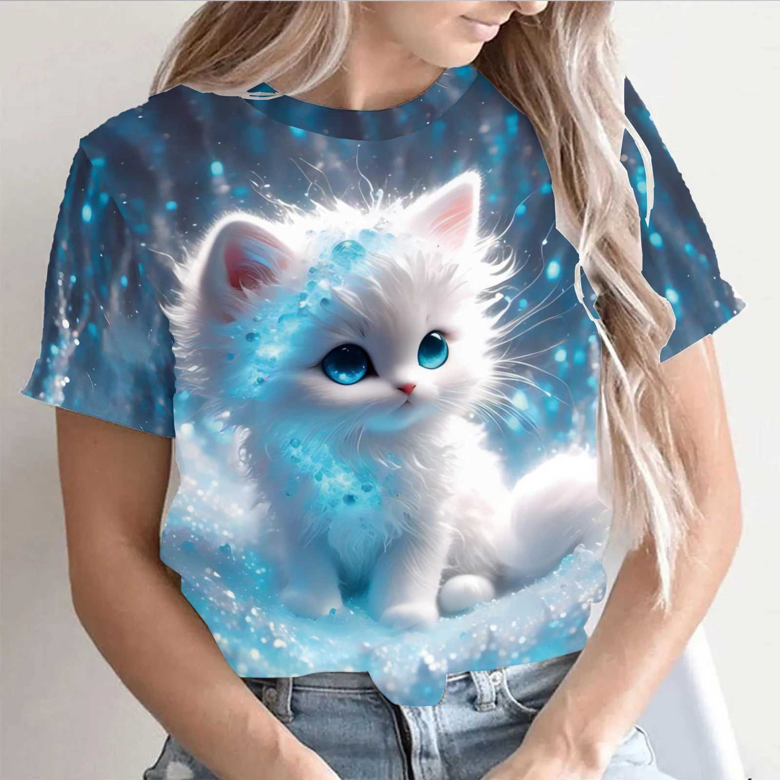 Dames t-shirt modieuze 3D kattenprint dames zomer casual o-neck korte mouwen top oversized v-neck dames t-shirt dames kledingl2405