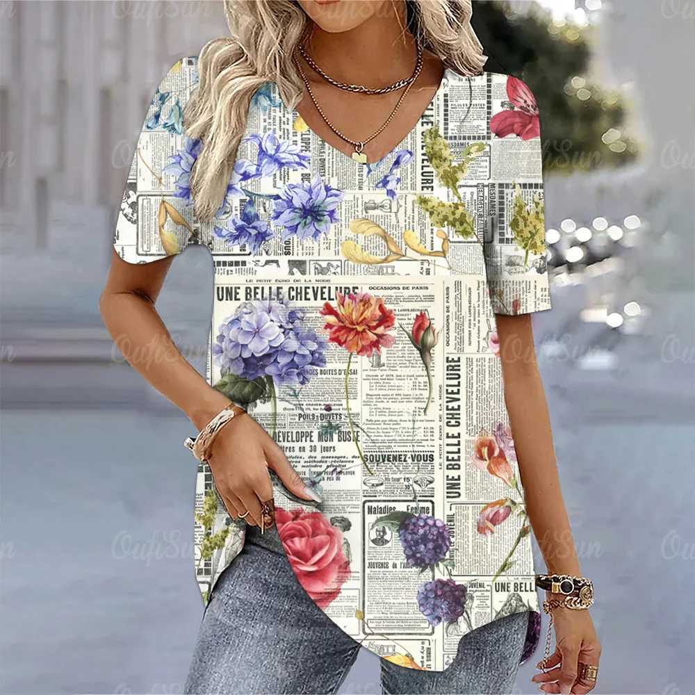 T-shirt femminile Y2K Womens Floral Stampa floreale a V-Neck Top Sum