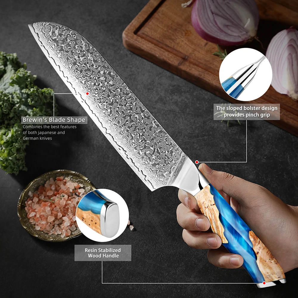 Japan Santoku Chef Knife 7 inch, VG-10 Damascus staal 67 Laag Keuken Snijdmes, Aziatische chef-koksmes voor vleesgroente