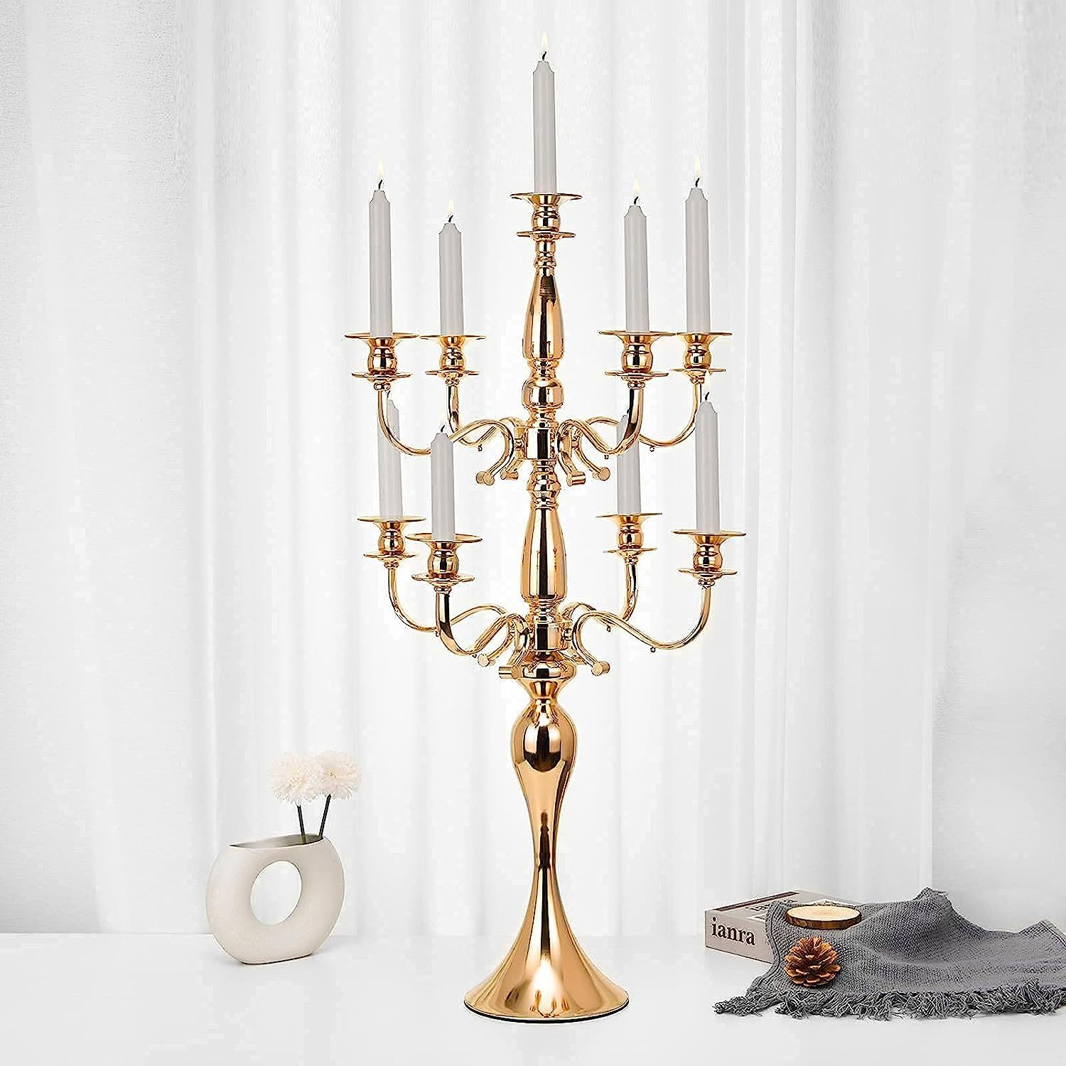 9 cabeças de metal castiçal candelabra 33 polegadas portadores de vela de bandeira de mesa de casamento de peças centrais de vasos de flores decoração de festas de líder