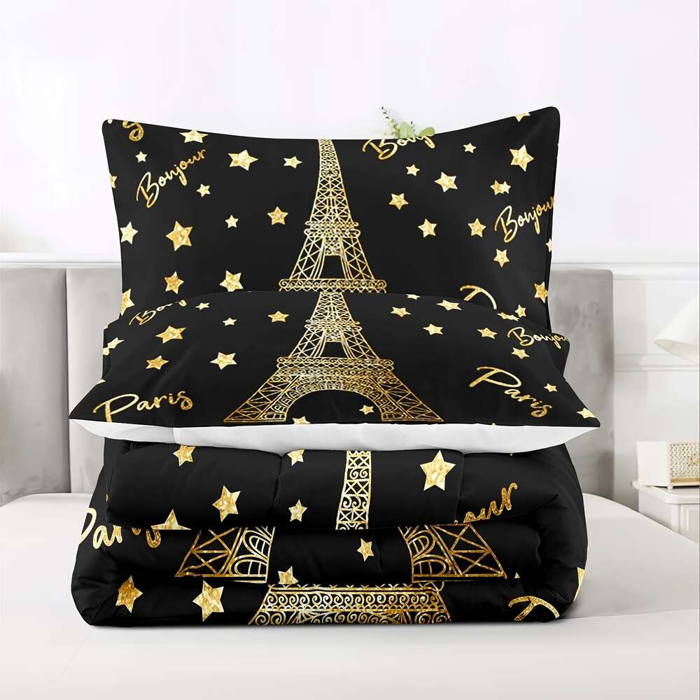 Copertura del piumone matrimoniale, Torre Eiffel Parigi da letto, set oro nero, set di camere da letto Queen, decorazione di Parigi set di trapunte letti camera da letto escluso il copripiumino e il cuscino