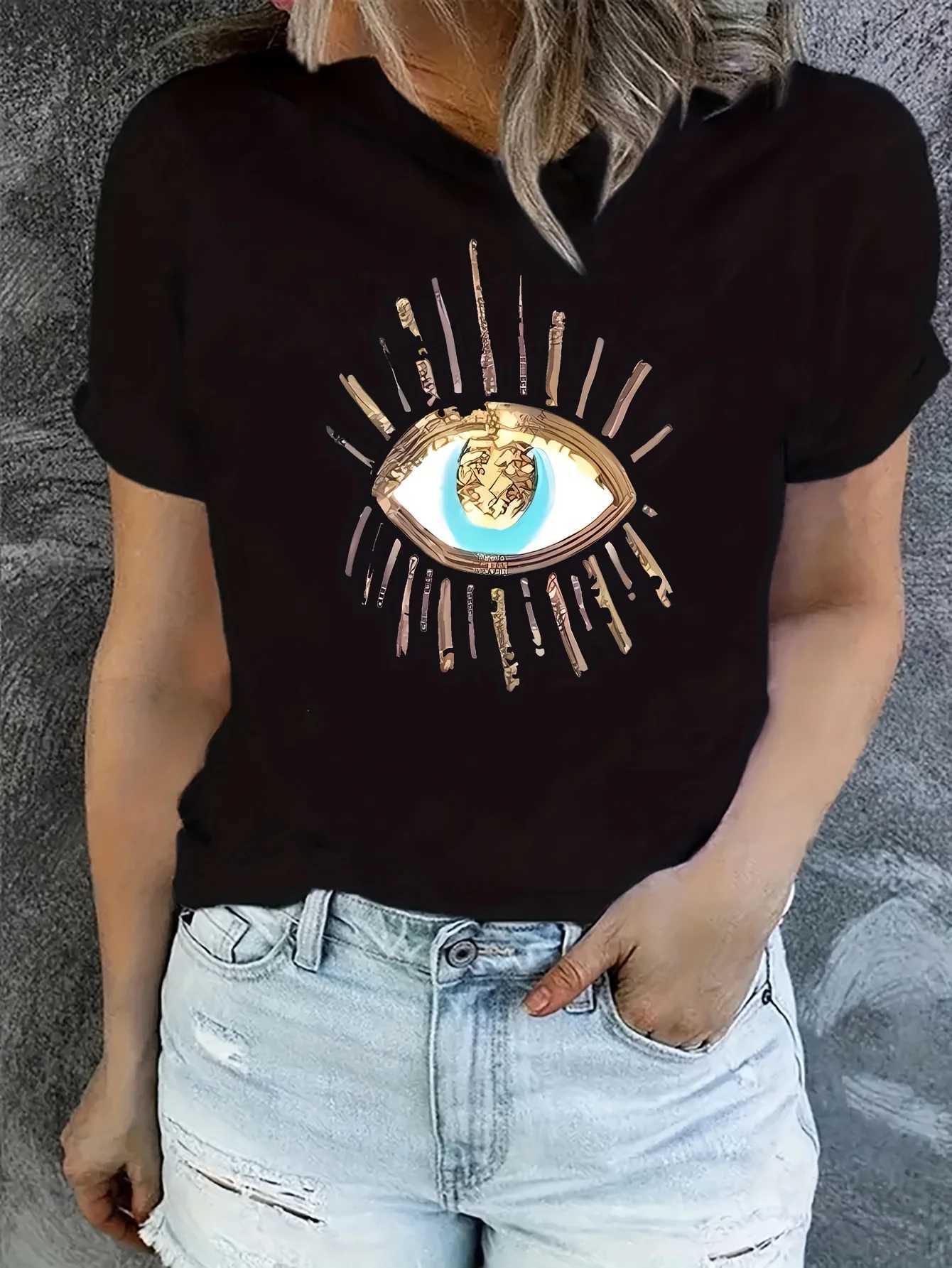 T-shirt féminin étincelante Eye imprime-colon T-shirt vintage à manches courtes t-shirts simples et confortables vêtements pour femmes 2405