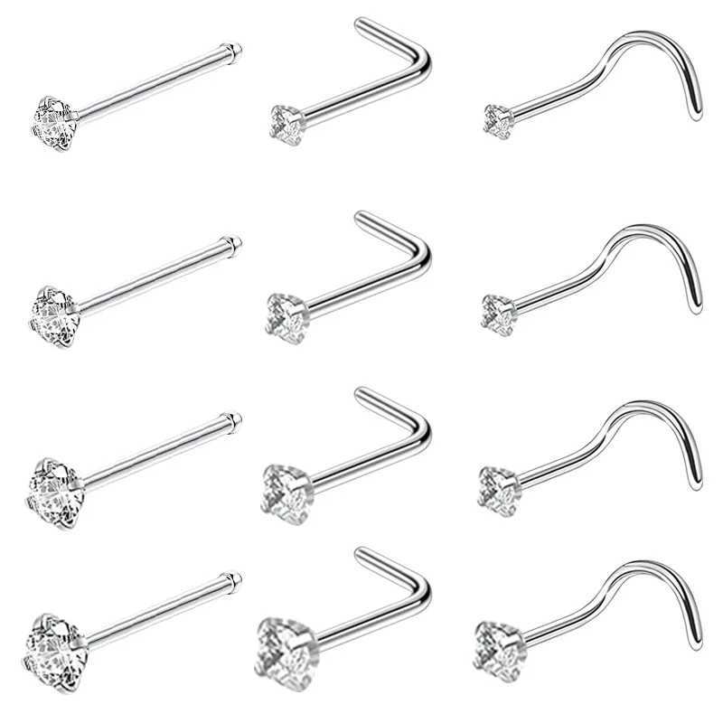 Arts du corps Crystal Nasing Ring Stud Set L Forme en acier inoxydable Twist CZ Nez Pack Pack 1,5 2 mm 2,5 mm Ringage du nez Set Piercing Nez Lote D240503