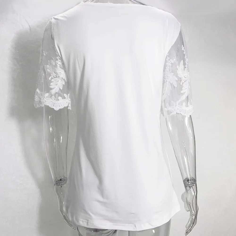 Camiseta feminina feminina feminina renda de renda de renda camisa europeia e americana de moda assimétrica Design de botão de colar