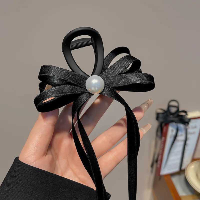 Autre femme Tempérament Tempérament Black Bowknot Ribbon Clip Clip pour filles Popular Ponytail Hair Cl Pearls Hairpin Hair Accessoires