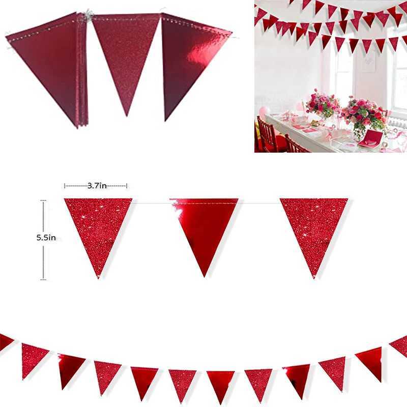 Banner Flags 10 pieds paillettes Papier métallique Triangle de Noël rouge drapeau bannière rouge décorations de fête de fête pour le mariage en arrière