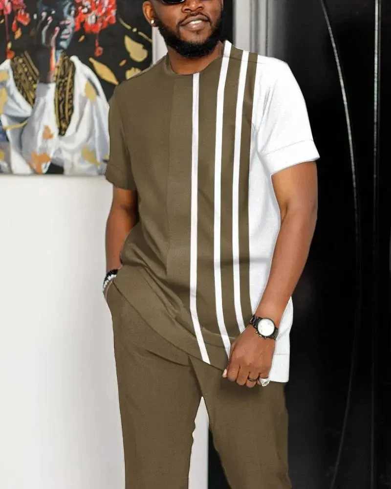 Herrspårar Summer Tracksuit Sets Overized Short Slve T Shirt Trousers Fashion Design African Men Passar Casual Blue Strtwear T240505