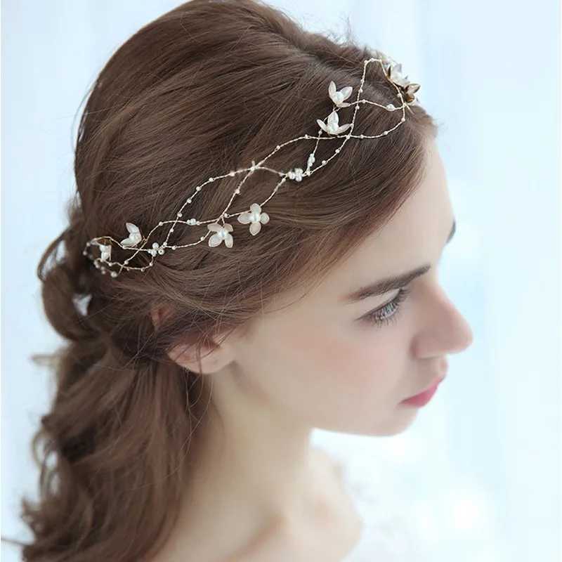 Pannband för sju blomma pannband kvinnor bröllop hår tillbehör pärla guld pärla hår tiaras brud presentparty hår smycken q240506